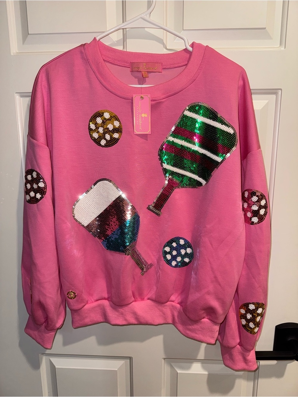 NWT Simply Southern Pink Sequin pickleball Paddle & Ball Sweatshirt small